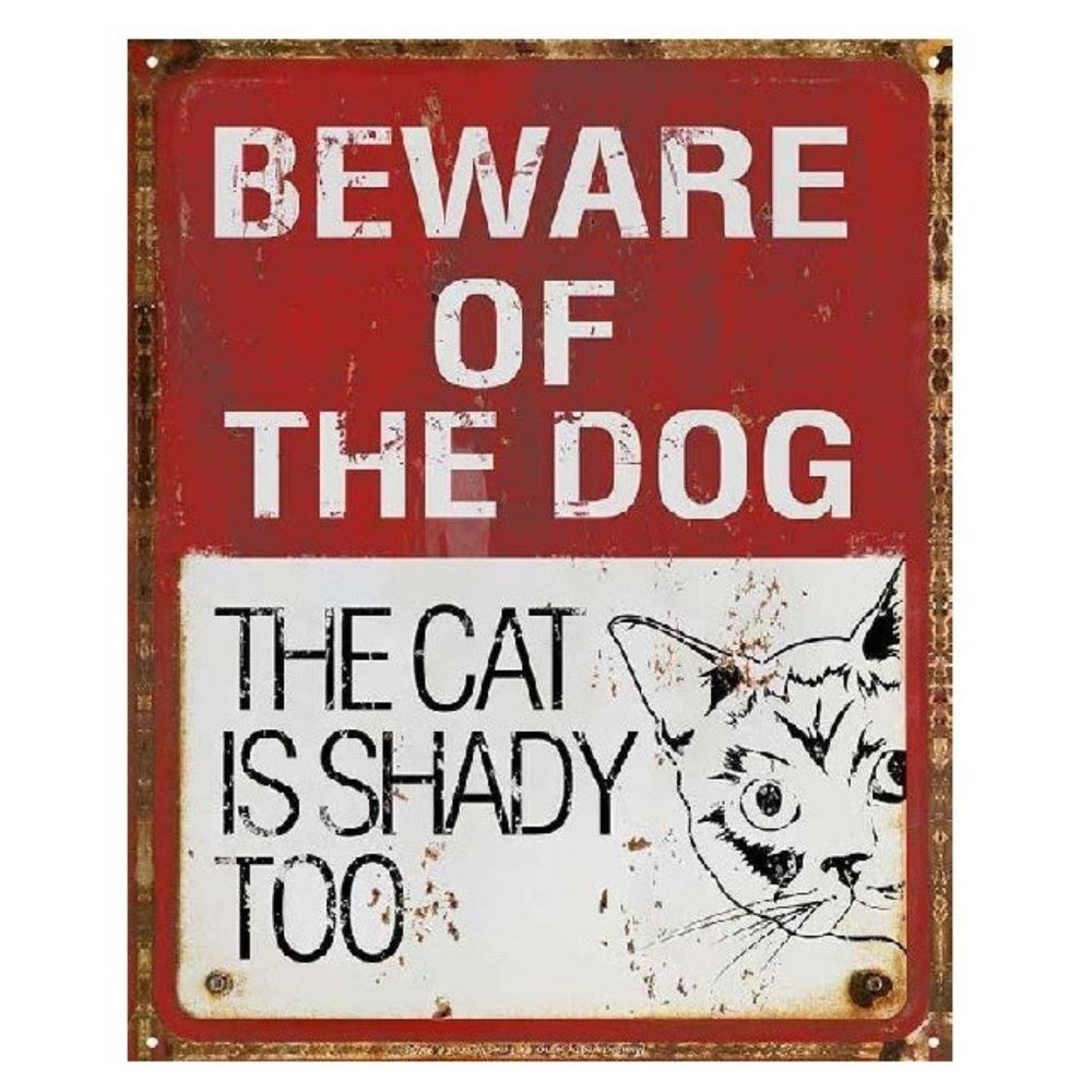 "Beware of the Dog, The Cat Is Shady Too" Funny Metal Sign – 12"W × 15"H